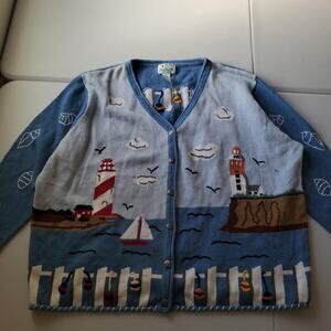 Quacker Factory Sweater Cardigan Womens 3X Blue Nautical Lighthouse Beach Knit
